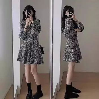 Платье Temperament с длинными рукавами и цветочным принтом, ранняя осень 2024 года, новая женская одежда, тонкая короткая юбка, небольшая одежда S чёрный