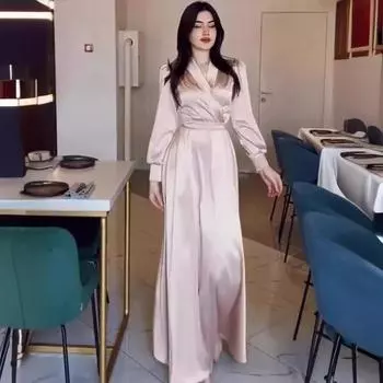 Платье Temperament с V-образным вырезом и длинной завязкой на талии и длинными рукавами S чёрный