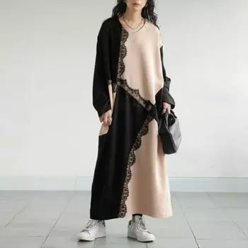 Платье темперамент женское 2025 весна и осень новые модели, японское нерегулярное контрастное цветное кружево сращивание свободная и тонкая юбка one size fits all хаки