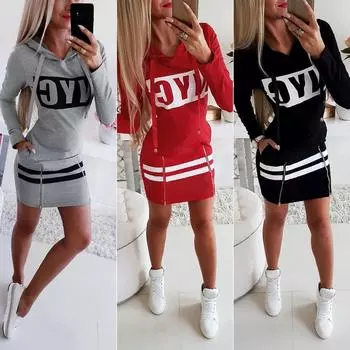 Платье-толстовка с капюшоном и шнурком Lady Street с буквенным принтом, мини-платье на молнии с подолом для отдыха и отдыха XL чёрный