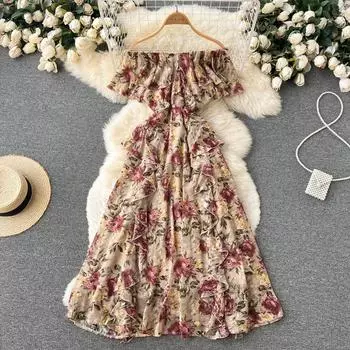 Платье-топ на одно плечо с цветочным принтом RUGOD, женское шифоновое платье трапециевидной формы с тонкой талией и милым веером Goddess