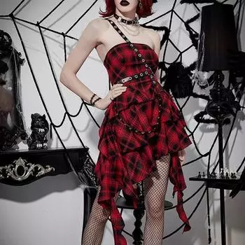 Платье-топ в стиле панк на Хэллоуин для женщин и девочек, летнее платье без рукавов, нерегулярное платье с рюшами по подолу, клетчатое праздничное платье S