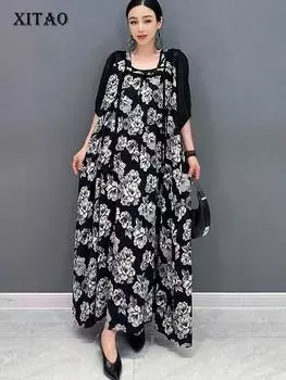 Платье трапециевидной формы с квадратным воротником и принтом XITAO в стиле пэчворк, свободное платье с короткими рукавами DMJ4078