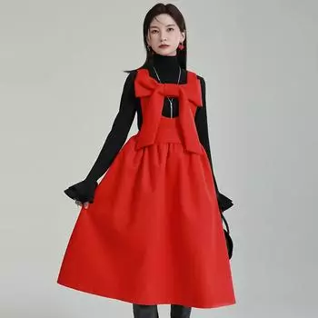 Платье-трапеция из шерсти осень/зима 2025 года с бантом — свободный крой и утягивающая юбка на подтяжках Medium жёлтый