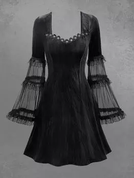 Платье-трапеция Rosegal Gothic Lace Flare Sleeves Crinkle Velvet Patchwork L чёрный