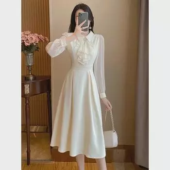 Платье-трапеция с длинными рукавами для женщин на раннюю весну S (waist 68 cm)