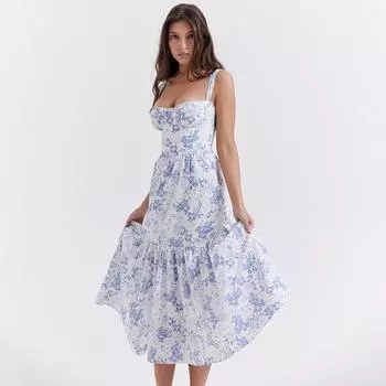 Платье-трапеция в пасторальном стиле с цветочным принтом 2023 года, подтяжками и короткими рукавами Large синий