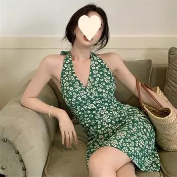 Платье-трапеция в стиле ретро в стиле Гонконг с V-образным вырезом, цветочным принтом и бретельками через шею, облегающего кроя XL