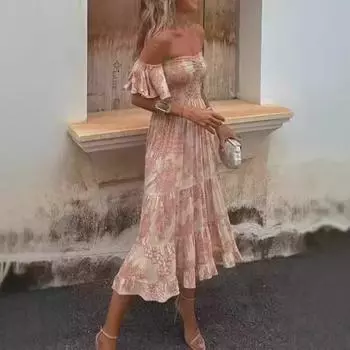 Платье-труба с открытыми плечами и принтом, рукава в виде листьев лотоса Large