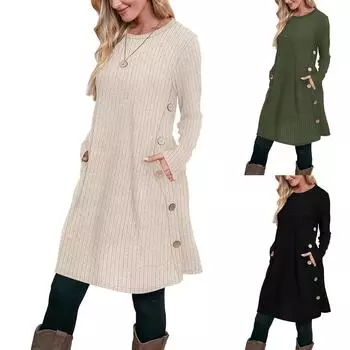 Платье-туника на осень и зиму с карманами, длинным рукавом, круглым вырезом, пуговицами по бокам M армия зеленый