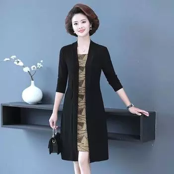 Платье-юбка для матери среднего возраста, новинка 2024 года, платье на весну и осень, благородное и широкое, облегающее, с длинными рукавами, имитация двухкомпонентного платья XL жёлтый