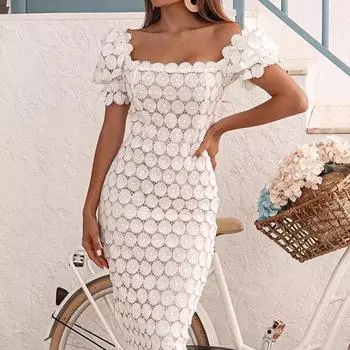 Платье-юбка миди с кружевом 2024 года - трехцветное, средняя талия, запах на груди Large белый