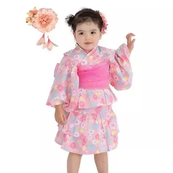 Платье юката для детей, комплект юката для девочек, комплект из 4 предметов, юката для малышей, отдельное кимоно из хлопка для детей, фиолетовый, розовый, летний фестиваль, фейерверк Хинамацури светло-розовый