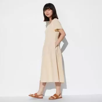 Платье UNIQLO JAPAN из смесового льна с квадратным вырезом, короткими рукавами, короткая длина 103 114,5 см