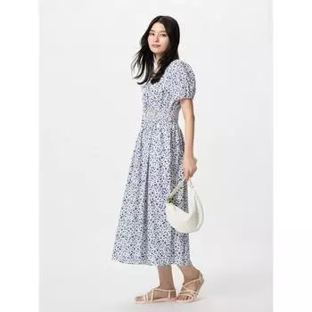 Платье Uniqlo с объемными рукавами и короткими рукавами с принтом 68 BLUE/WOMEN XS