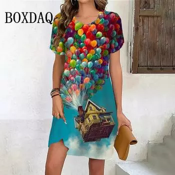 Платье Up Balloons Милое летнее женское элегантное модное платье с коротким рукавом и принтом Повседневное мини-платье для вечеринок Женская одежда больших размеров S