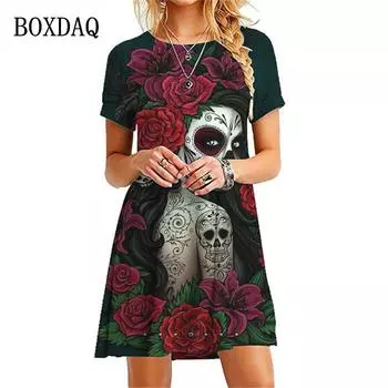 Платье ужасов с черепом и цветочным принтом, женские свободные повседневные платья большого размера, летнее модное уличное платье Kawaii с коротким рукавом S