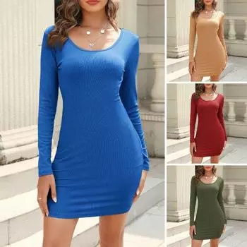 Платье Узкое с U-образным вырезом и длинными рукавами, однотонный пуловер, мягкий эластичный облегающий крой длиной выше колена M армия зеленый
