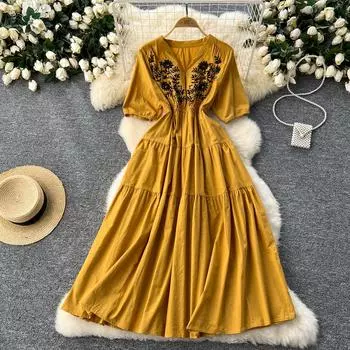 Платье Vocation для женщин с V-образным вырезом, вышитой эластичной талией, пэчворк, женское платье А-силуэта в корейском стиле, летнее One Size чёрный