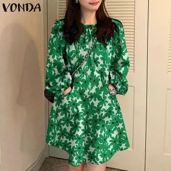 Платье VONDA с пышными рукавами и цветочным принтом, сезонный стильный декоративный материал для случаев