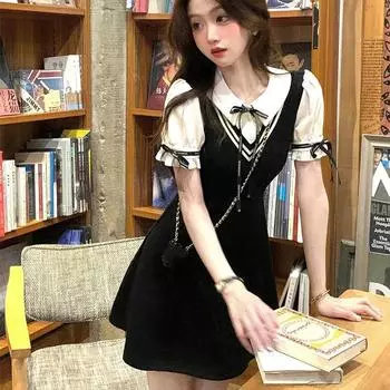 Платье в академическом стиле, искусственное платье-двойка, летний воротник-поло для девочек, завышенная талия для роста и похудения, универсальная короткая юбка XL чёрный