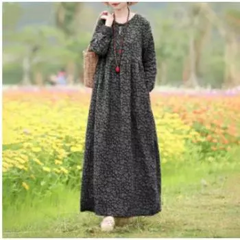 Платье в этническом стиле с длинными рукавами, свободного кроя, для похудения, из хлопка и льна с мелким цветочным принтом S бордовый