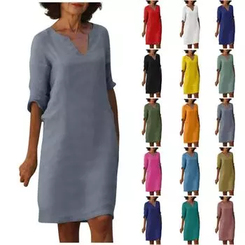 Платье в европейском и американском стиле из хлопка и льна с V-образным вырезом и высокой талией - однотонное, рукава три четверти, стираная мятая ткань L розы красного