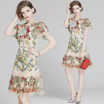 Платье в европейском и американском стиле с кружевной отделкой, короткими рукавами, сетчатой вышивкой и оборками XXL абрикосовый