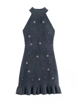 Платье в европейском стиле, новое, высококлассное, с отделкой из ниток и бусин, с эффектом искусственного меха, с воротником-стойкой на шее S темно серый