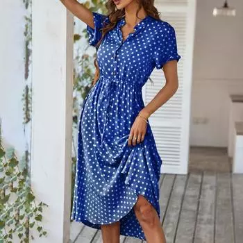 Платье в горошек European Station, летняя новинка, универсальный женский лесной воротник рубашки, юбка с большим подолом XL циан