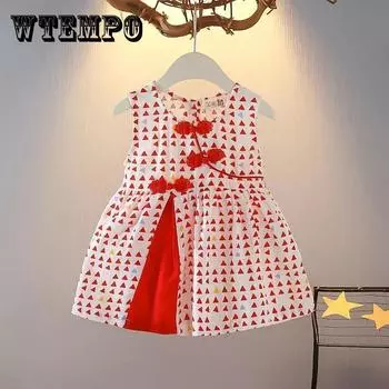 Платье в китайском стиле для девочек 1-4 лет, летний жилет для девочек, кукольная юбка принцессы, юбка трапециевидной формы с круглым вырезом и талией без рукавов для девочек 120