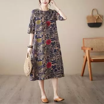 Платье в китайском стиле Негабаритное художественное ретро-платье Платье с короткими рукавами M