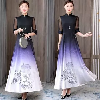 Платье в китайском стиле с принтом и воротником-стойкой, длинное платье, элегантно модифицированное чонсам для женщин 2XL разноцветный