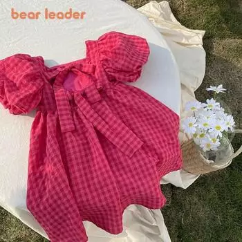 Платье в клетку для девочек Bear Leader красное 3-7 лет хлопковые платья с бантом AX2474 3T