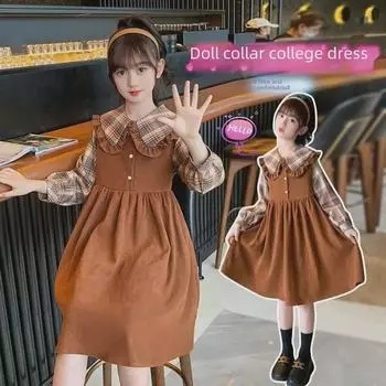 Платье в клетку для девочек в студенческом стиле – с длинными рукавами, из двух частей, на весну/осень 160 cm хаки