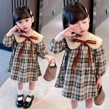 Платье в клетку для девочек, весеннее детское платье с длинным рукавом, модное платье принцессы с воротником для девочки 90 хаки