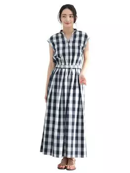 Платье в клетку Gingham Skipper Flare Dress NAVY M [Beams Heart] Женское тёмно-синий