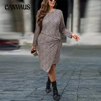 Платье в клетку размера плюс, осеннее женское платье средней длины с длинными рукавами и нестандартной талией 1XL красный