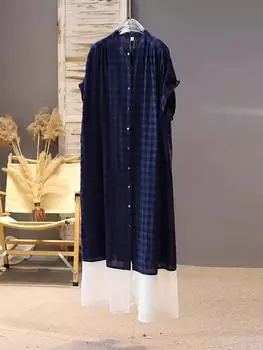 Платье в клетку с круглым вырезом из хлопка и льна, женское, лето 2025, новое, повседневное, свободного кроя, с короткими рукавами, средней и длинной длины M синий