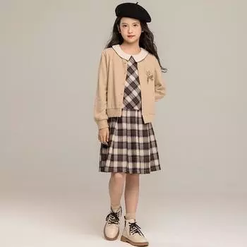 Платье в клетку в студенческом стиле весна/осень 2025 г.: Костюм-двойка из трикотажной юбки и кардигана для девочек 120 cm хаки