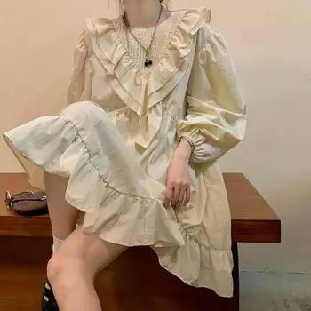 Платье в консервативном стиле, женское милое платье с пышными рукавами, сказочная осень, милое японское платье для девочек, мешковатые оборки, нежное, элегантное, модное, с круглым вырезом для отдыха S