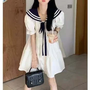 Платье в полоску с короткими рукавами и воротником темно-синего цвета, женское летнее, милое, свободное, облегающее, в стиле колледжа S белый
