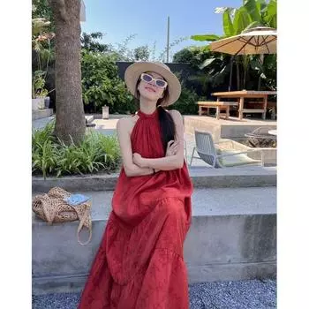 Платье в праздничном стиле с красным воротником, женское, весеннее, новое, дизайнерское, с чувственной спинкой, кружевное, темпераментное, свободное, шикарное, длинное платье S красный