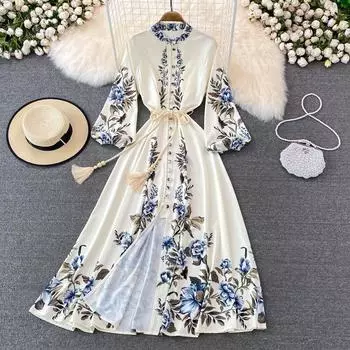 Платье в придворном стиле с воротником-стойкой и длинными рукавами с принтом, весеннее платье с французской талией, большое длинное платье с открытой талией, высокое чувство One Size бежевый