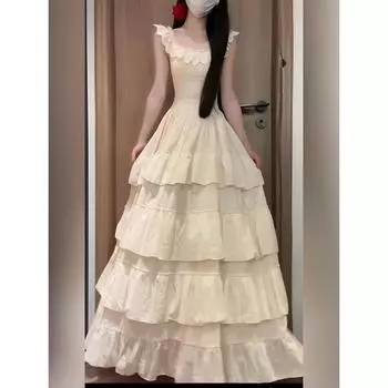 Платье в придворном стиле, тяжелая промышленность, оборка по краю, без рукавов, женское, летнее, ретро, темперамент, платье-торт, длинная юбка S- (can be worn within 45kg)