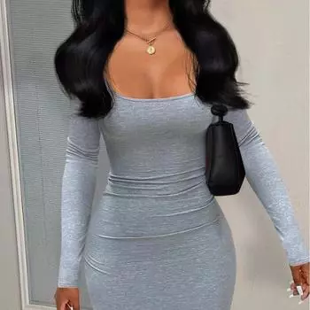 Платье в рубчик с однотонным принтом Cross-Border Extra Small серый