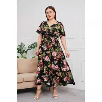 Платье в стиле бохо больших размеров с v-образным вырезом и цветочным принтом, женское летнее платье макси с короткими рукавами, праздничное женское платье трапециевидной формы с поясом XL бежевый