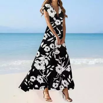 Платье в стиле бохо для женщин, повседневное, свободного кроя, летнее, сарафан с цветочным принтом и карманом L чёрный