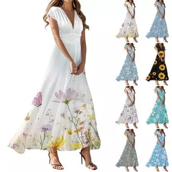 Платье в стиле бохо для женщин, повседневное, свободного кроя, летнее, сарафан с цветочным принтом и карманом XXL чёрный