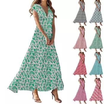 Платье в стиле бохо для женщин, повседневное, свободного кроя, летнее, сарафан с цветочным принтом и карманом L